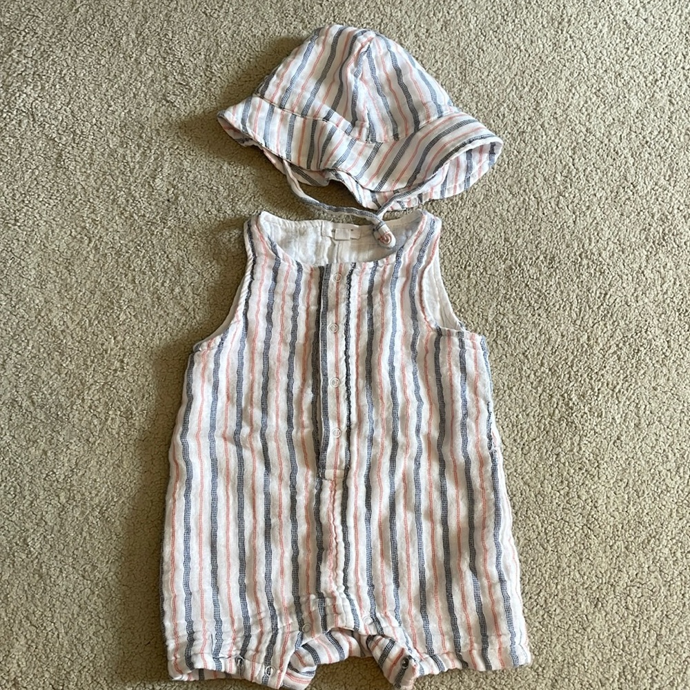 Angel Dear Muslin Red White & Blue Striped Shortall and Hat